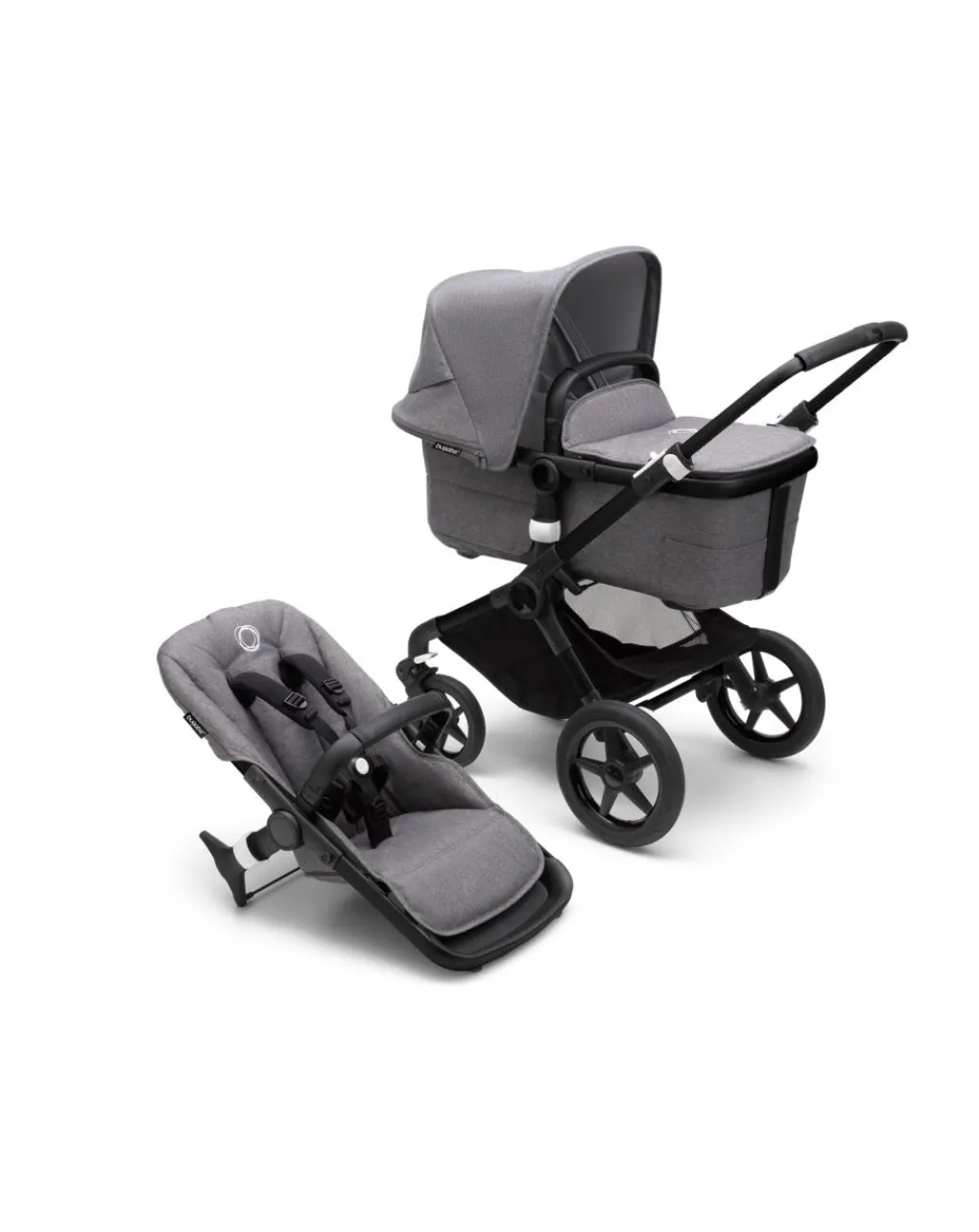 Bugaboo Trio E Duo-Fox 3 Navicella E Passeggino Telaio Nerotessuti E Cappottina Grey Melange