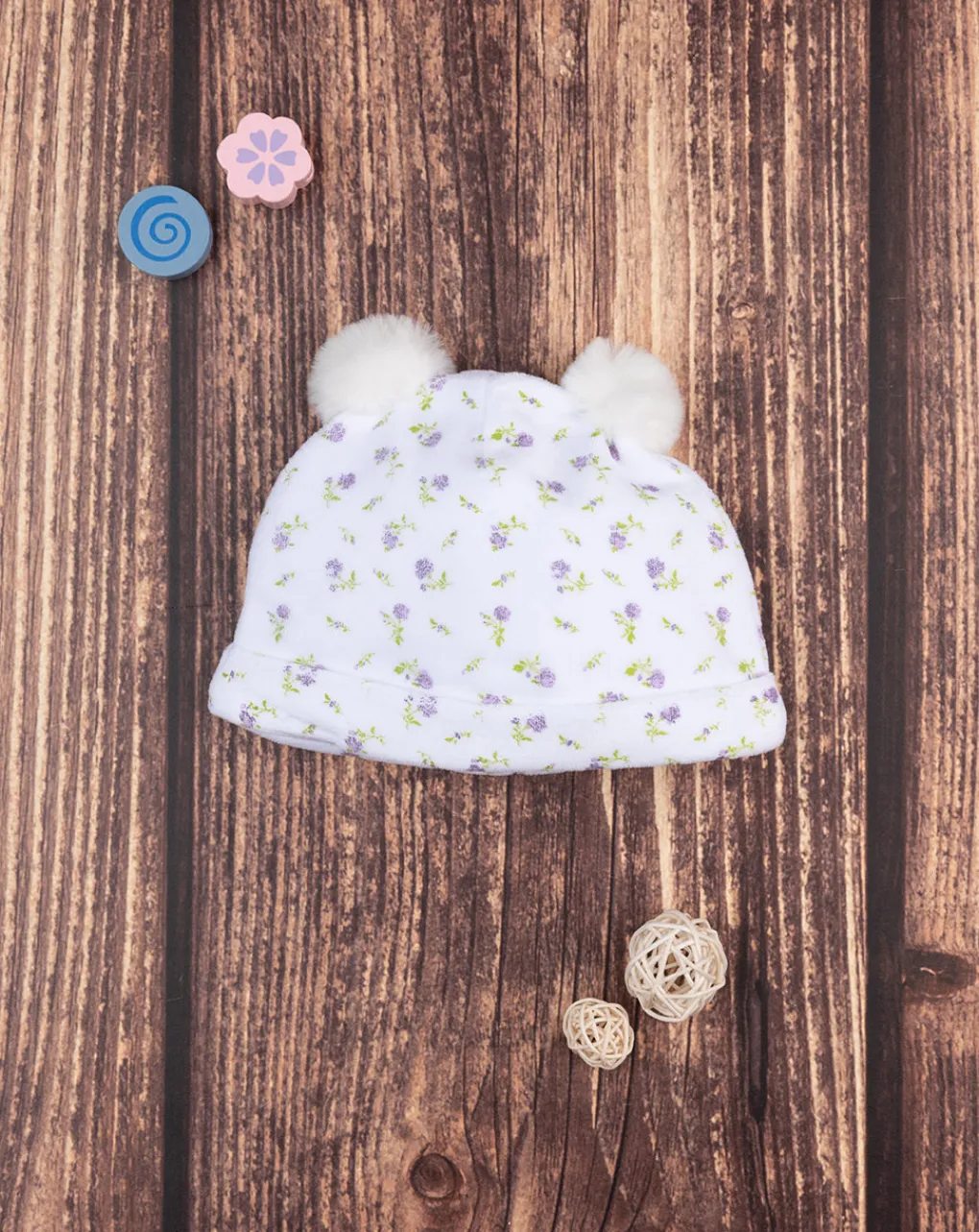 Prenatal Cappellini Cuffiette E Muffole-Cappello Bimba Ciniglia "Fiorellini”