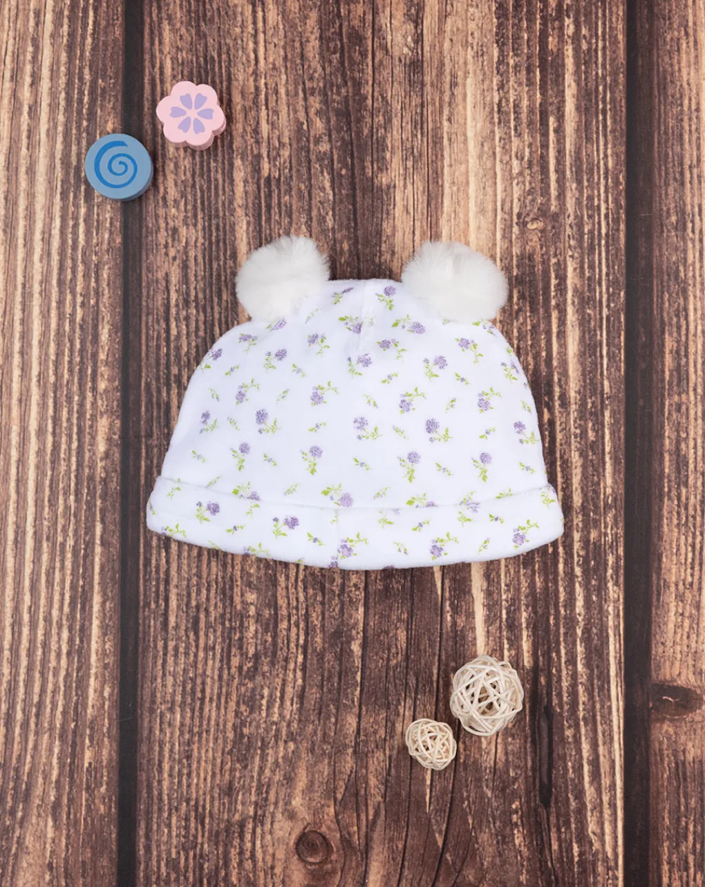 Prenatal Cappellini Cuffiette E Muffole-Cappello Bimba Ciniglia "Fiorellini”