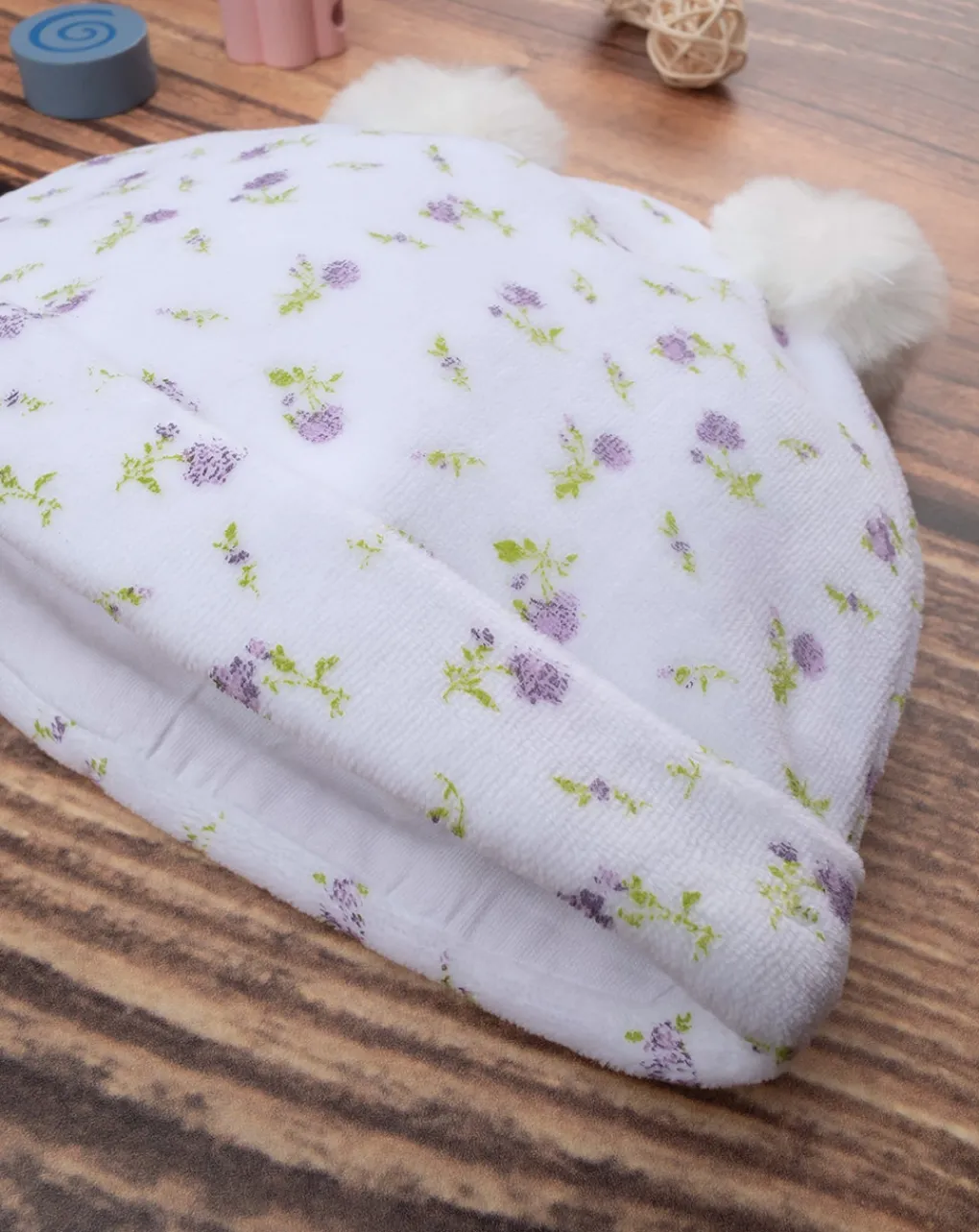 Prenatal Cappellini Cuffiette E Muffole-Cappello Bimba Ciniglia "Fiorellini”