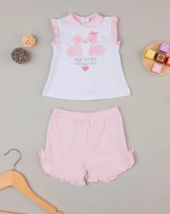 Prenatal Vestiti E Completi-Completo Corto Bianco E Rosa Con Fenicotteri Glitter