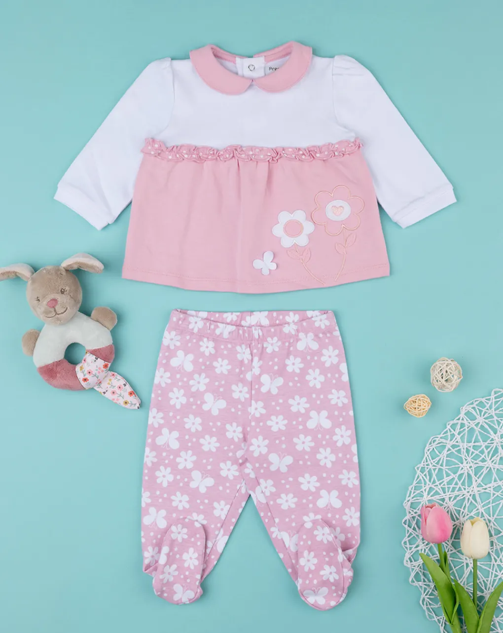 Prenatal Abiti Completi E Tutine-Completo Due Pezzi Neonata Floreale Bianco E Rosa