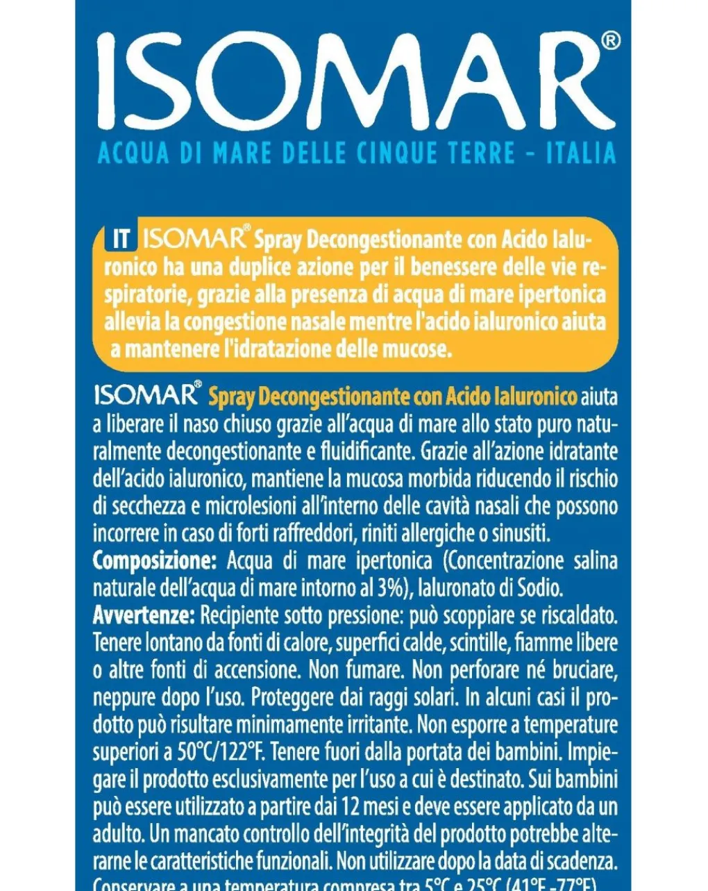 Isomar Cura Naso Occhi E Orecchie-Spray Decong Acido Ialuronico 100Ml