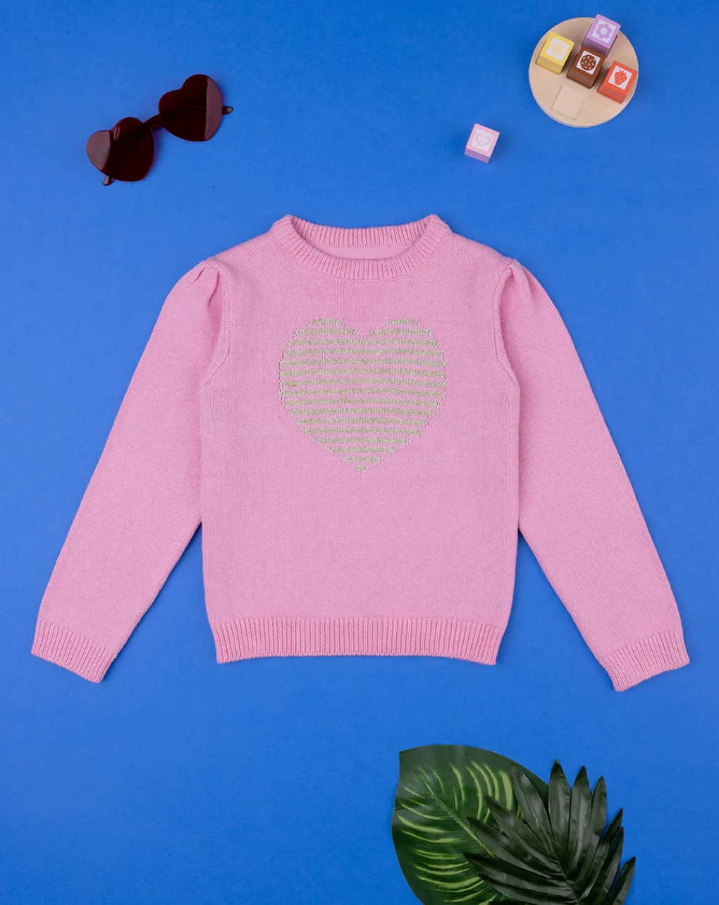 Prenatal Felpe E Maglioni-Maglia Tricot Bimba Rosa "Cuore Dorato”