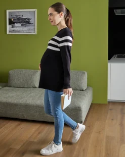 Prenatal Maglieria Premaman-Maglioncino Premaman Nero Con Intarsio Righe Bianche