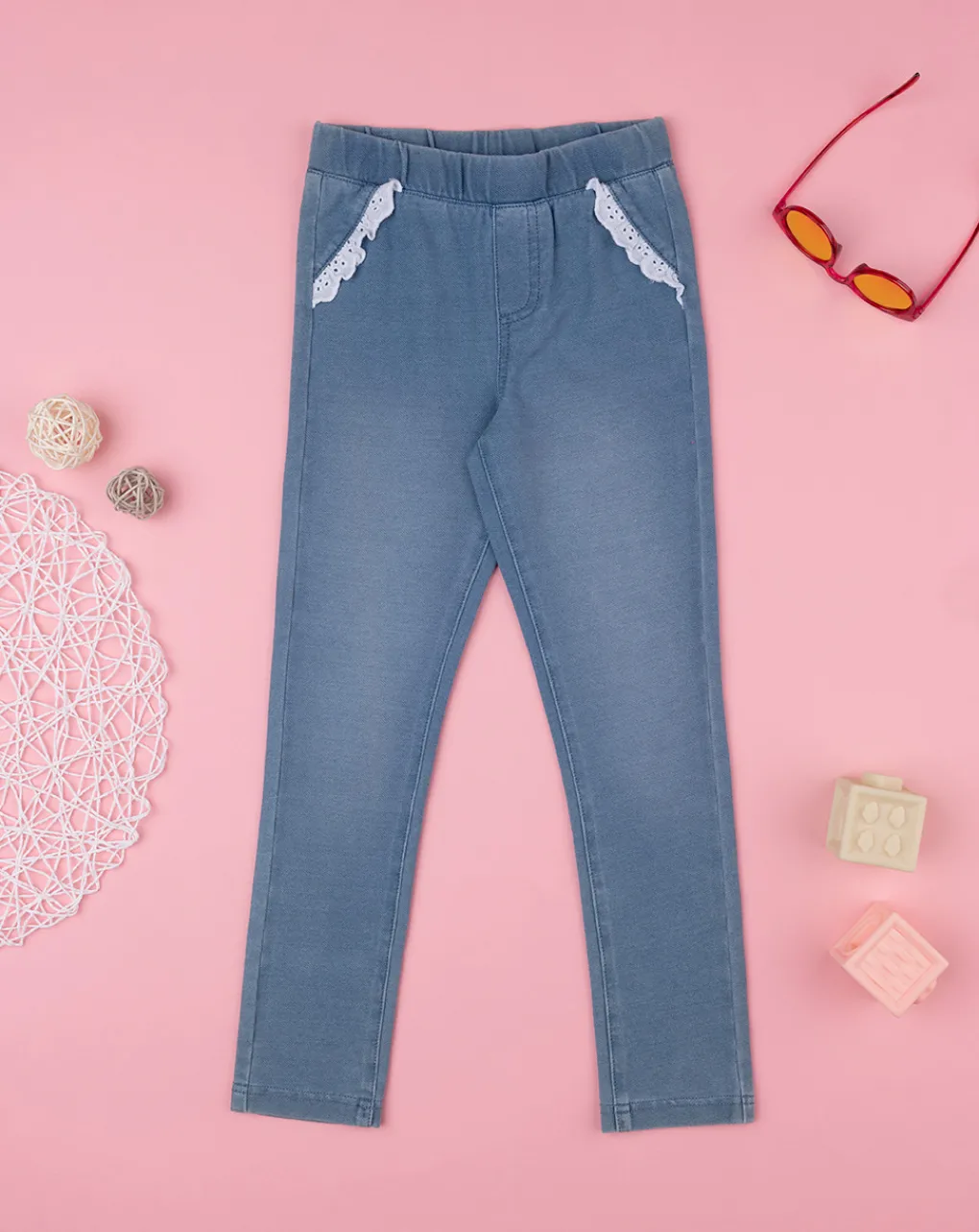 Prenatal Jeans Pantaloni E Salopette-Pantaloni Bambina Knit Denim Con Frill In Sangallo