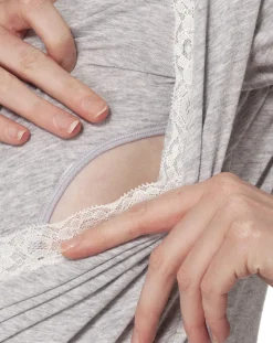 Prenatal Pigiami E Camicie Da Notte-Pigiama Allattamento Grigio A Maniche Corte E Pizzo Bianco