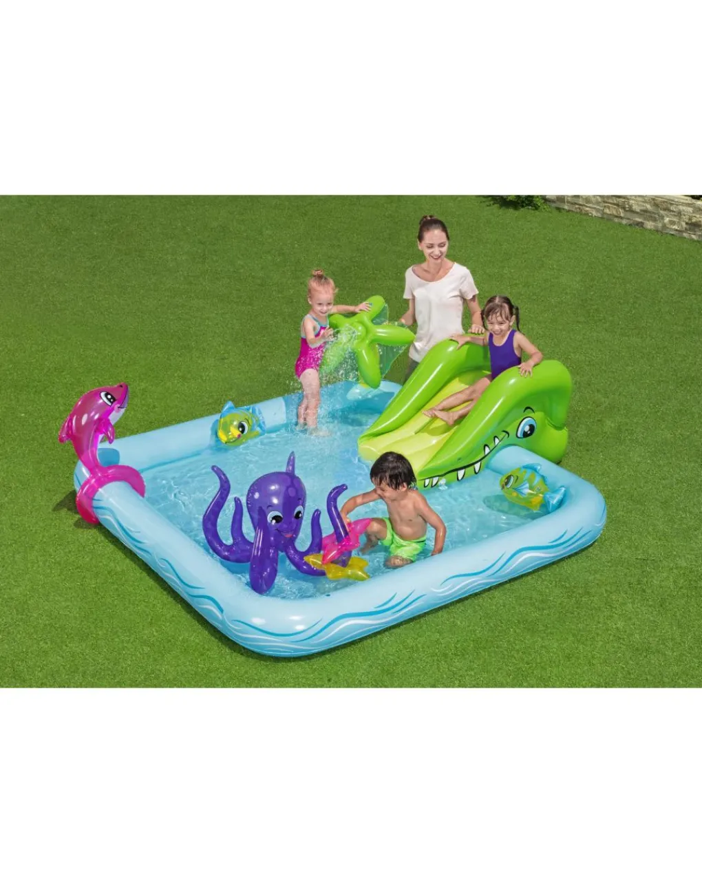 Bestway Piscine Braccioli E Salvagenti-Play Center Acquario Fantastico Con Spruzzi 239X206X86 Cm Anelli Gonfiabili Inclusi -