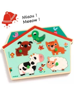 Djeco Puzzle Per Bambini-Puzzle Ouaf Woof - Sonoro In Legno 5 Pezzi -