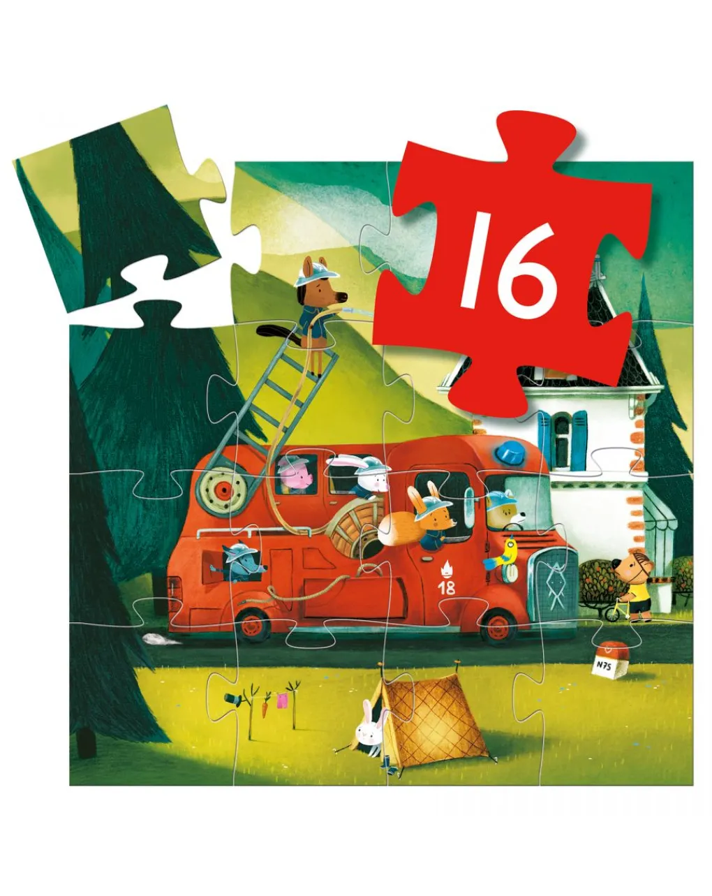 Djeco Puzzle Per Bambini-Puzzle Sagomato 16 Tessere The Fire Truck -