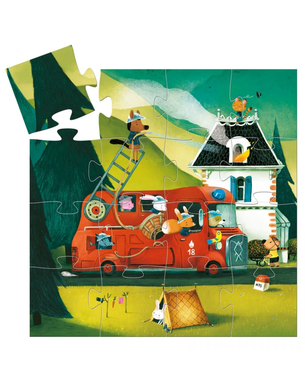 Djeco Puzzle Per Bambini-Puzzle Sagomato 16 Tessere The Fire Truck -