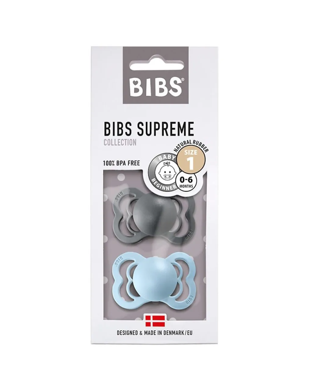 BIBS Succhietti-Set 2 Ciucci Tettarella Simmetrica In Gomma Naturale 0/6 Mesi - Colore Iron E Baby Blue -
