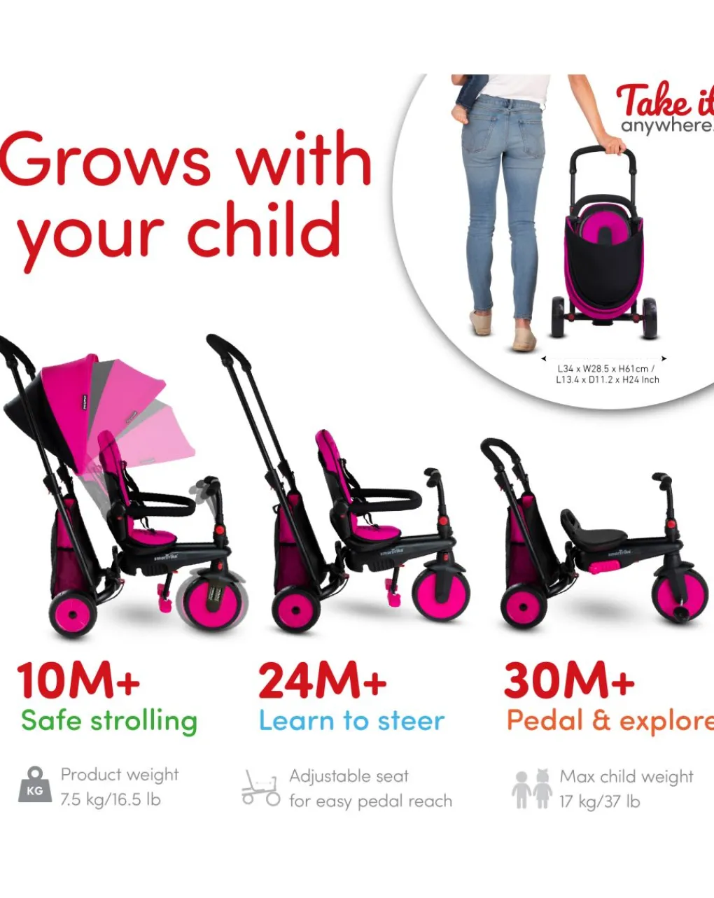 SmarTrike Tricicli Biciclette Monopattini E Accessori-Str3 Folding 6 In 1 Rosa
