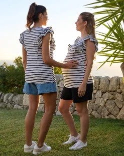 Prenatal T Shirt Allattamento-T-Shirt Allattamento A Righe Bianche E Nere