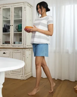 Prenatal T Shirt Allattamento-T-Shirt Allattamento A Righe Bianche E Grigie