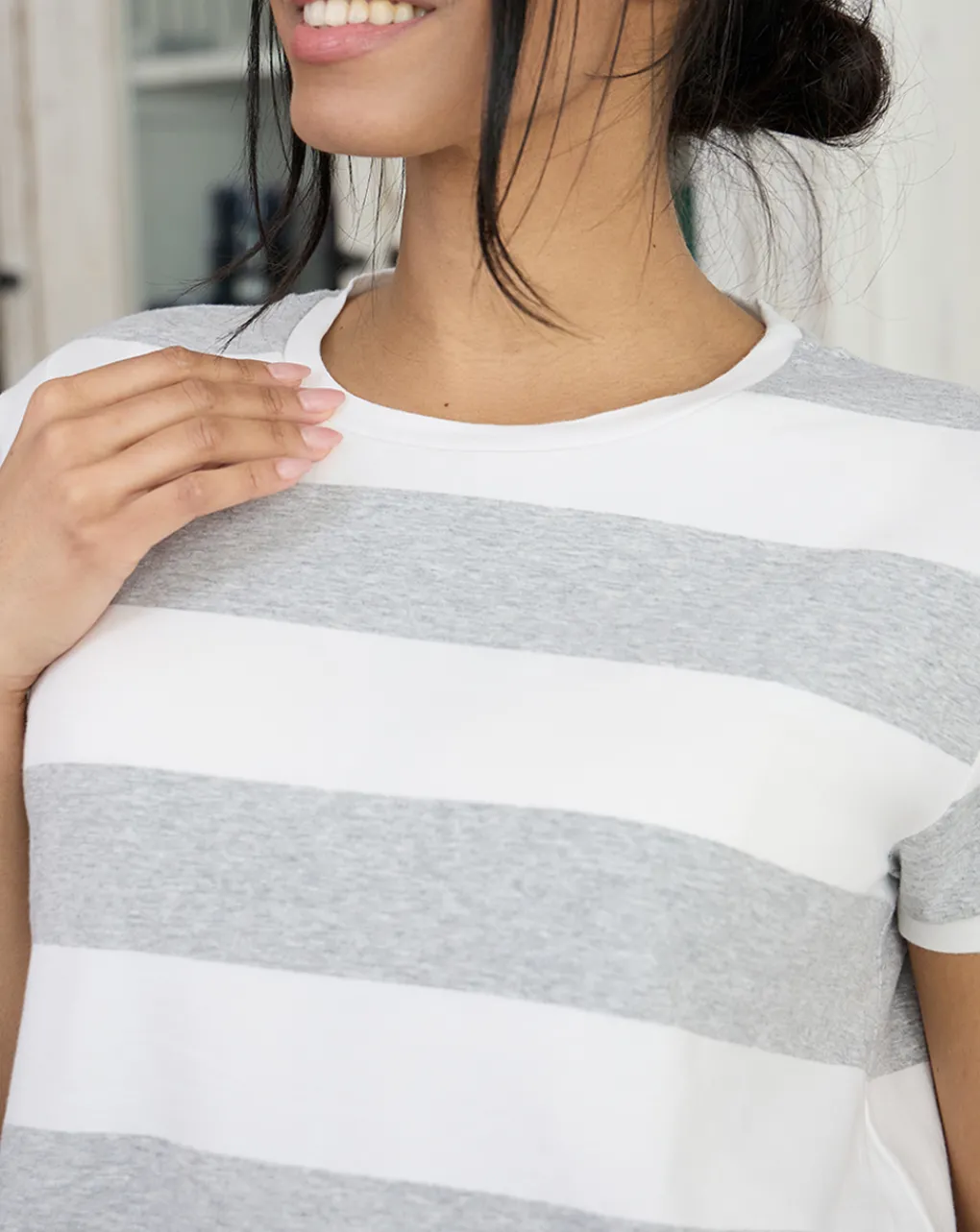 Prenatal T Shirt Allattamento-T-Shirt Allattamento A Righe Bianche E Grigie