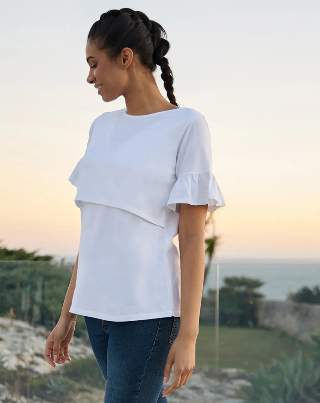 Prenatal T Shirt Allattamento-T-Shirt Allattamento Bianca Con Ruches