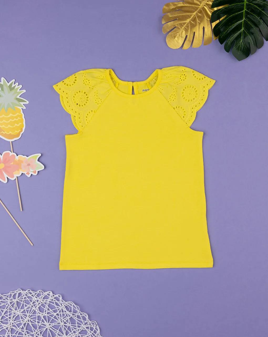 Prenatal Magliette E Camicie-T-Shirt Bambina Gialla Maniche Sangallo