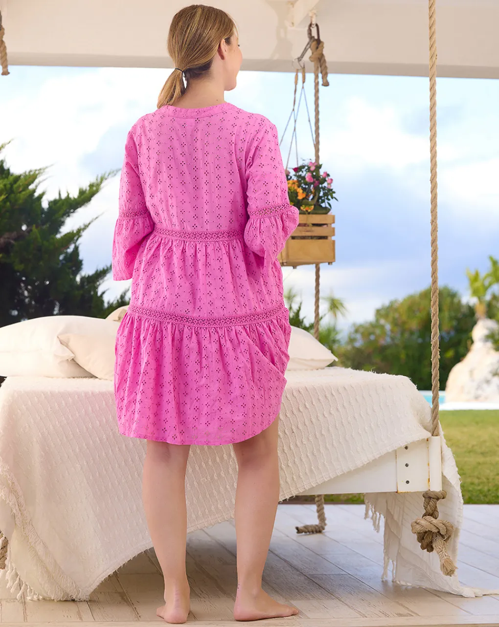 Prenatal Abiti E Completi-Abito Premaman Allattamento Fucsia In Broderie Anglaise