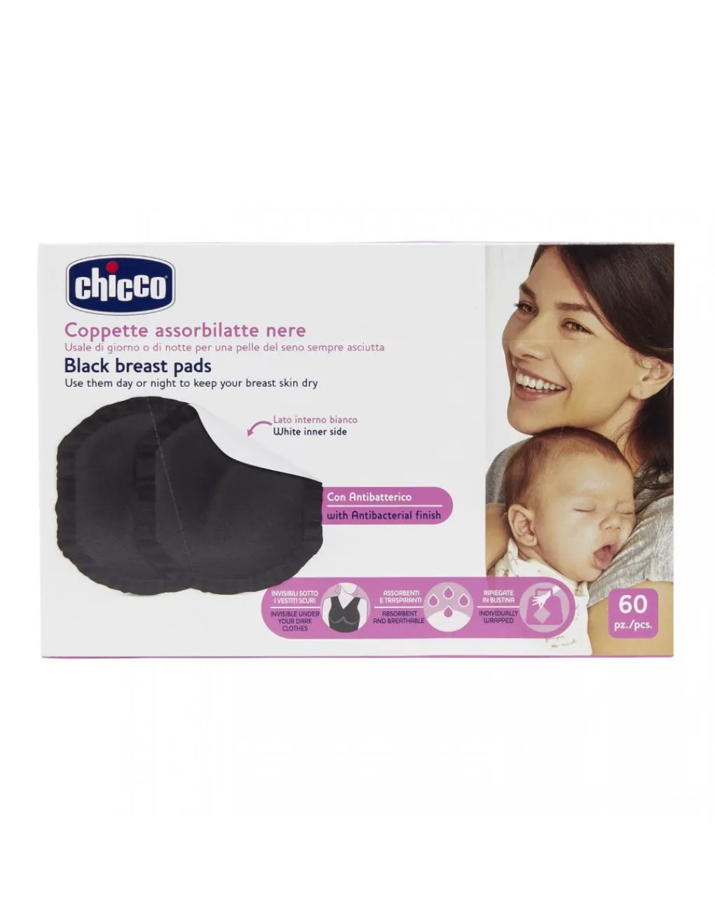 Chicco Coppette Assorbilatte-Coppette Assorbilatte Antibatteriche Nere 60 Pz