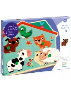 Djeco Puzzle Per Bambini-Puzzle Ouaf Woof - Sonoro In Legno 5 Pezzi -