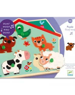 Djeco Puzzle Per Bambini-Puzzle Ouaf Woof - Sonoro In Legno 5 Pezzi -