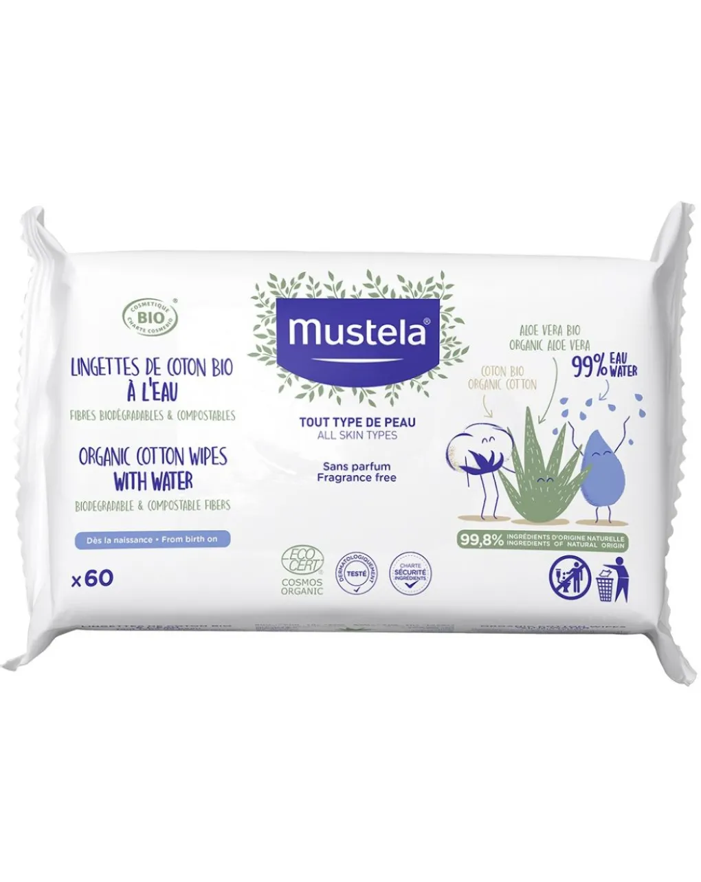 Mustela Salviettine E Traversine-Salviette All’Acqua In Cotone Bio 60Pz
