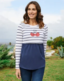 Prenatal T Shirt Allattamento-T-Shirt Premaman Allattamento Con Fantasia Righe E Ciliegie Con Strass
